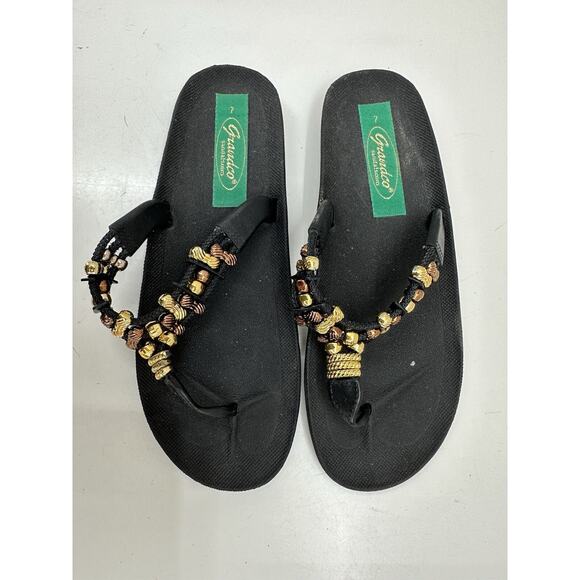 Grandco Womens Sandals Size 7 Black Gold Beaded Thong Slip On Flip Flops - Picture 1 of 9